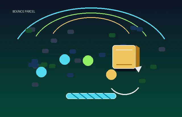 Bounce Parcel thumbnail with a parcel cube arcing toward a spring pad